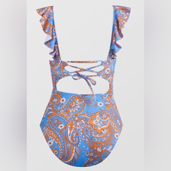 Paisley Print Back Tie One-Piece Swimsuit For Women Sexy V-neck Ruffled Monokini - Picture 2 of 3